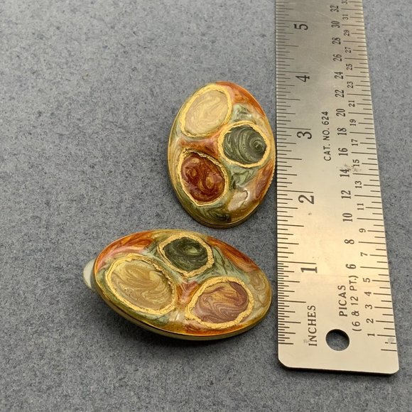 Multicolor Gold Swirl Earrings Pierced Oval Red Blue Green Organic Retro - Picture 6 of 6